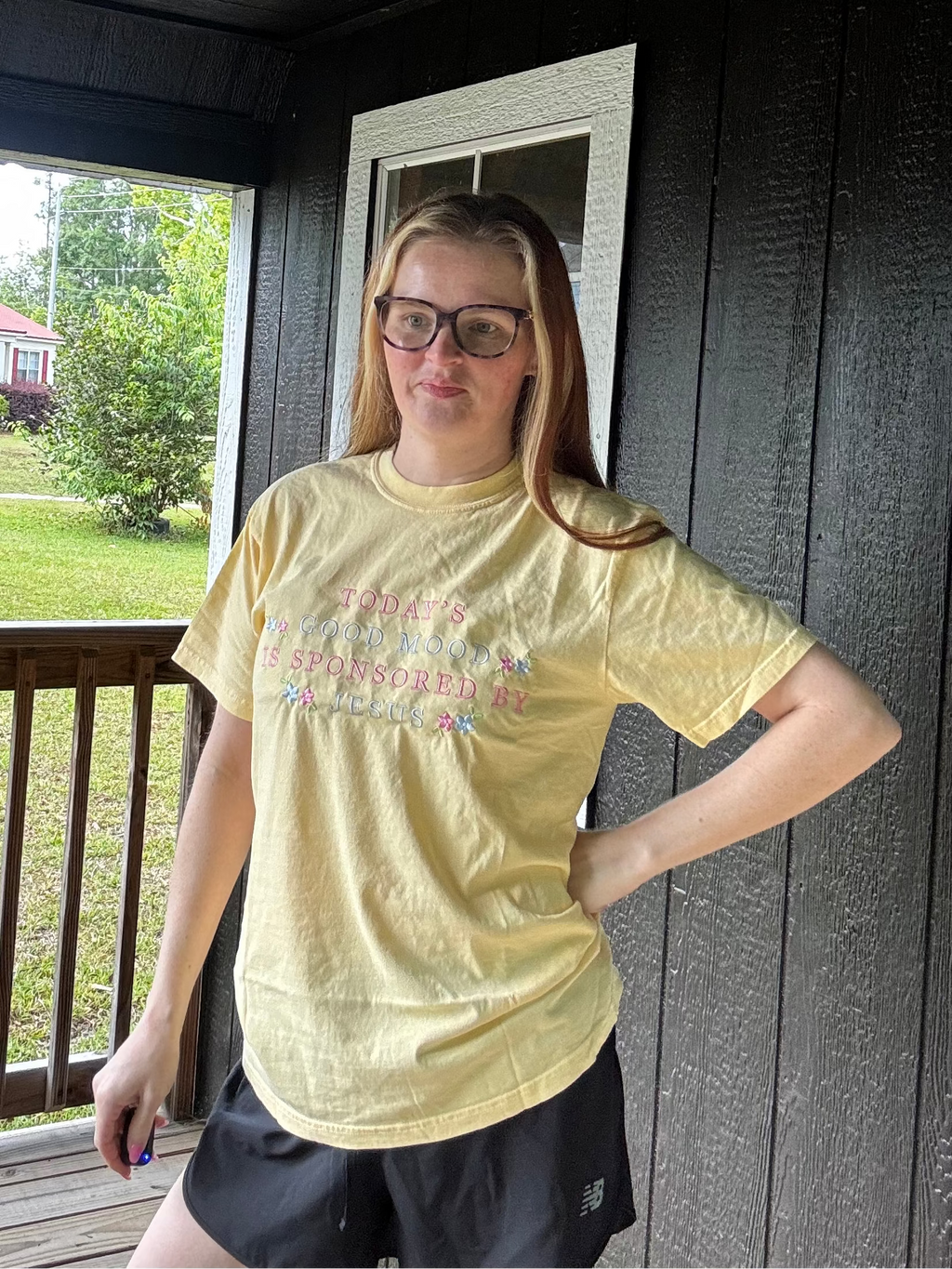 Faith Today's Good Mood Is Sponsored By Jesus embroidered tee - butter yellow faith graphic tee - Pink Willow

