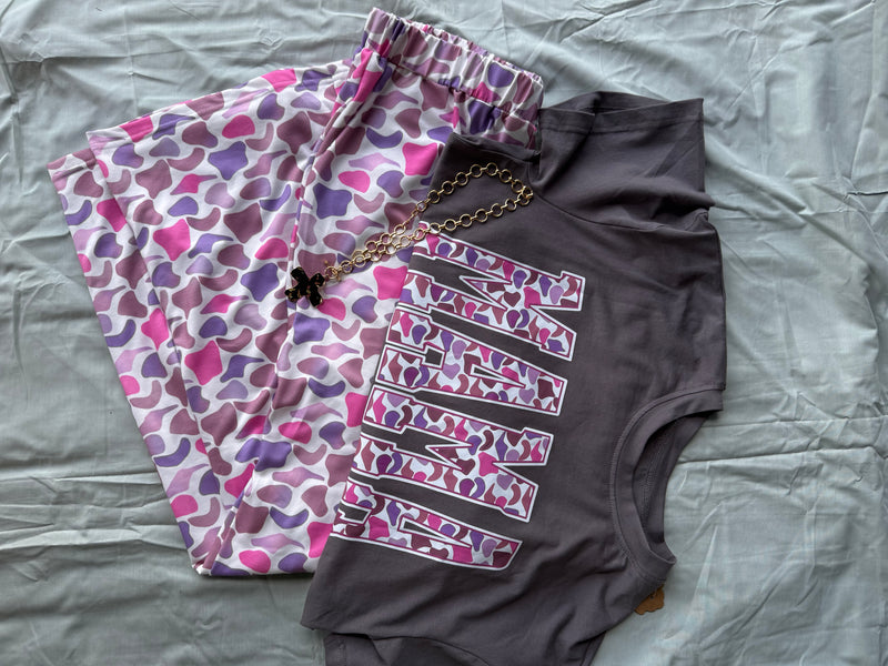 Harlow two-piece set styled look - graphic tee and camo pants - Pink Willow
