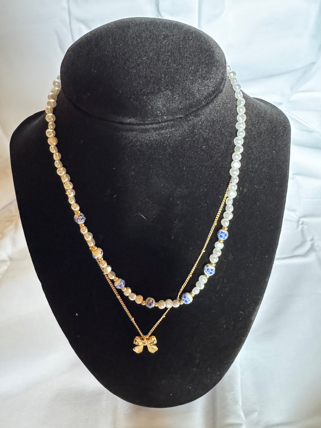 Pearl blue ceramic porcelain layered bow charm necklace - gold boutique jewelry - Pink Willow

