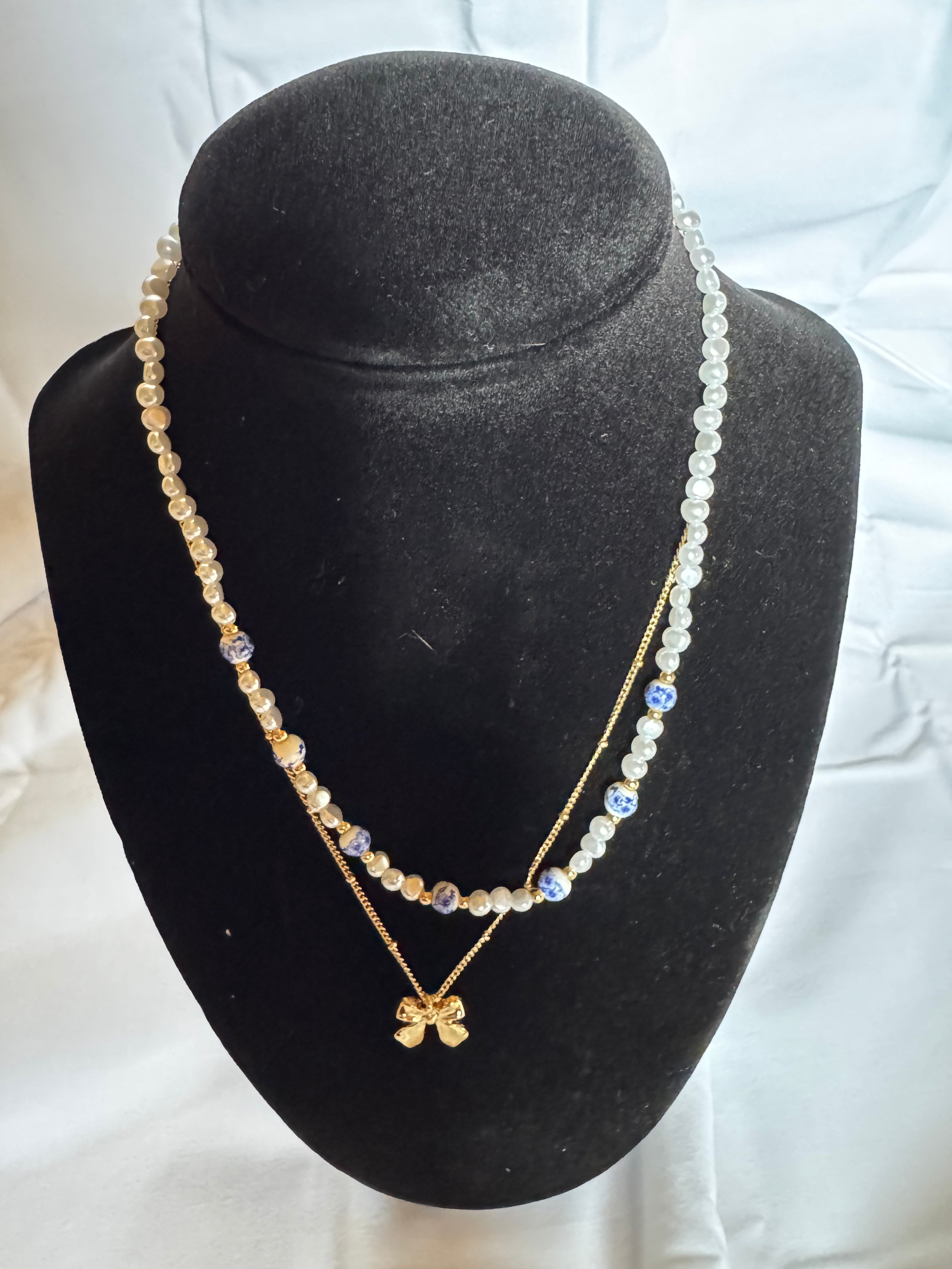 Pearl blue ceramic porcelain layered bow charm necklace - gold boutique jewelry - Pink Willow

