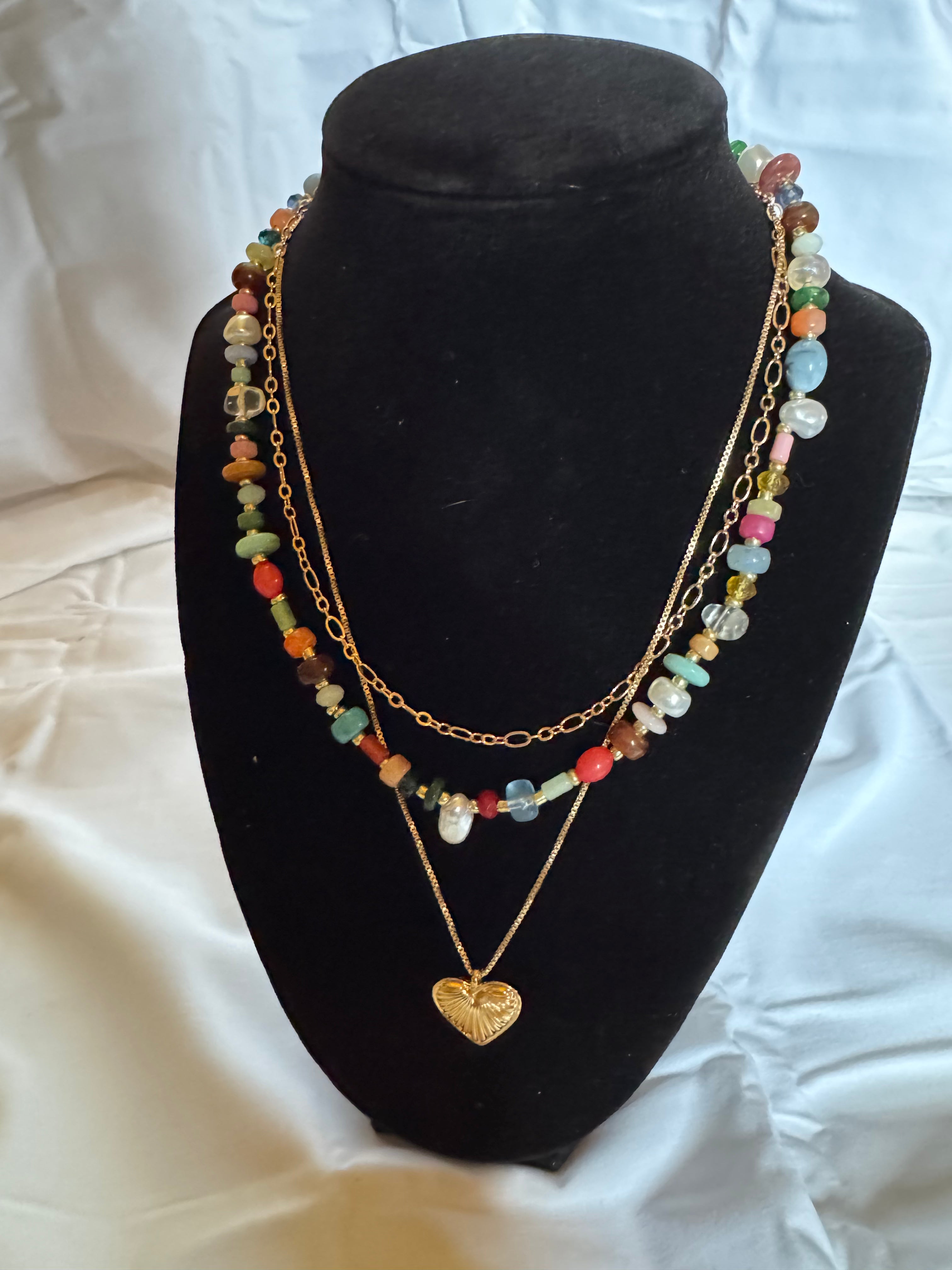 Valentina layered boho beaded heart charm necklace - gold boutique jewelry - Pink Willow

