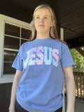 Grace faux patchwork Jesus short sleeve tee - washed denim Comfort Colors shirt - Pink Willow

